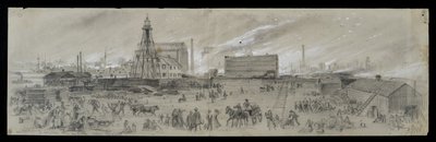 المنظر من بحيرة ميشيغان بالقرب من نهر شيكاغو أثناء حريق شيكاغو عام 1871 (قلم رصاص وطباشير على ورق) بواسطة ألفريد رودولف واود